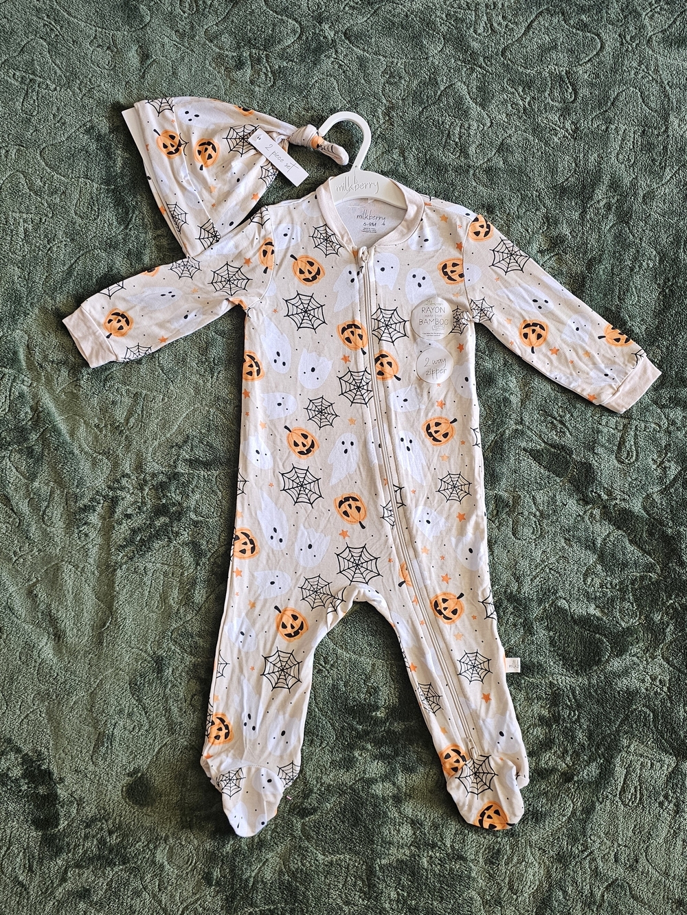 Milkberry Halloween Pumpkin & Ghost Bamboo One Piece Outfit With Hat 6-9 Months